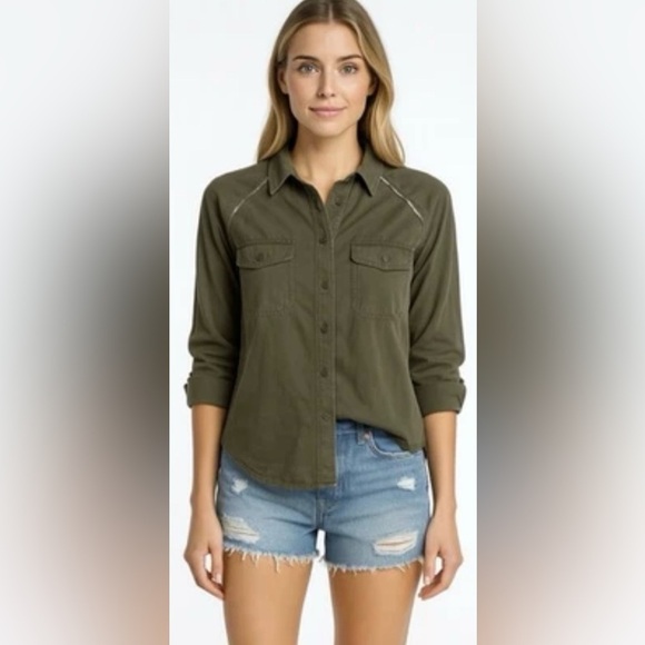 Free People Tops - Free People Off-Campus Metallic-Trim Utility Shirt Boho Chic Khaki Green XS